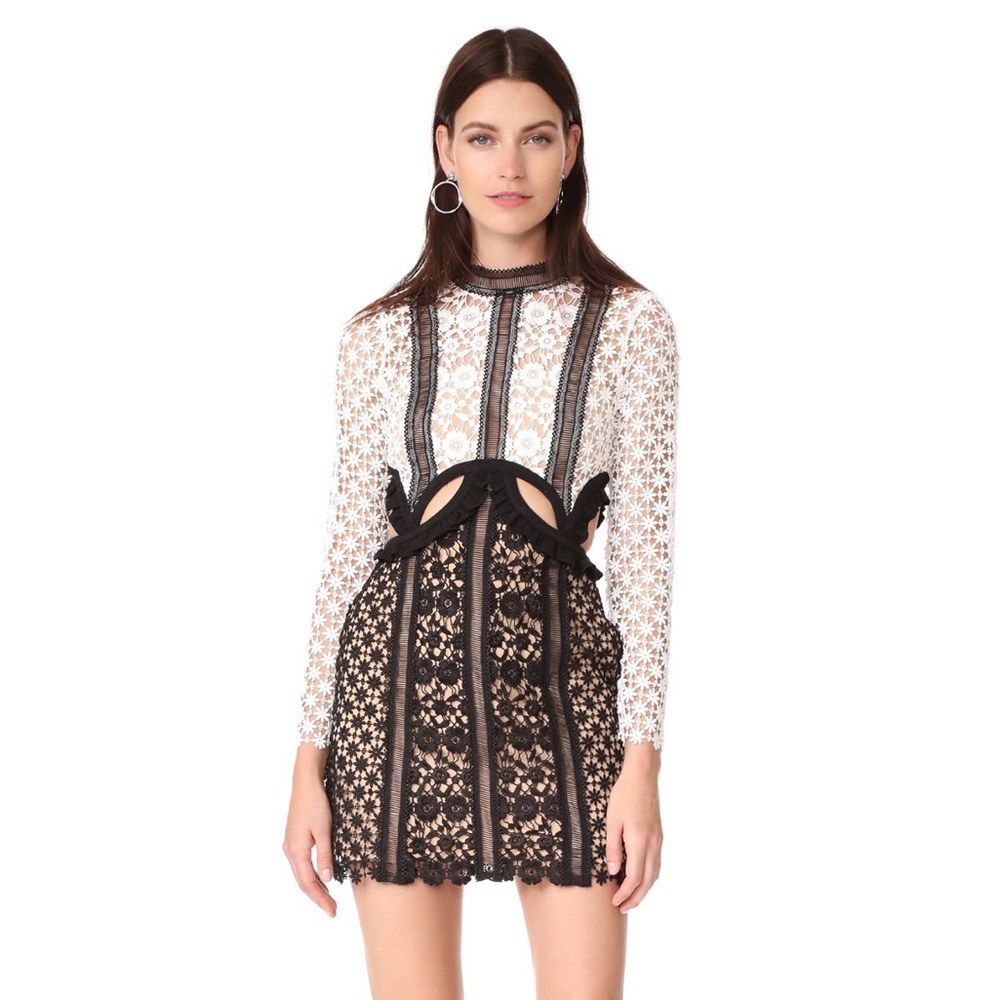Self-Portrait Lace Long Sleeve Mini Dress with Cutouts in White/Black - Size 2